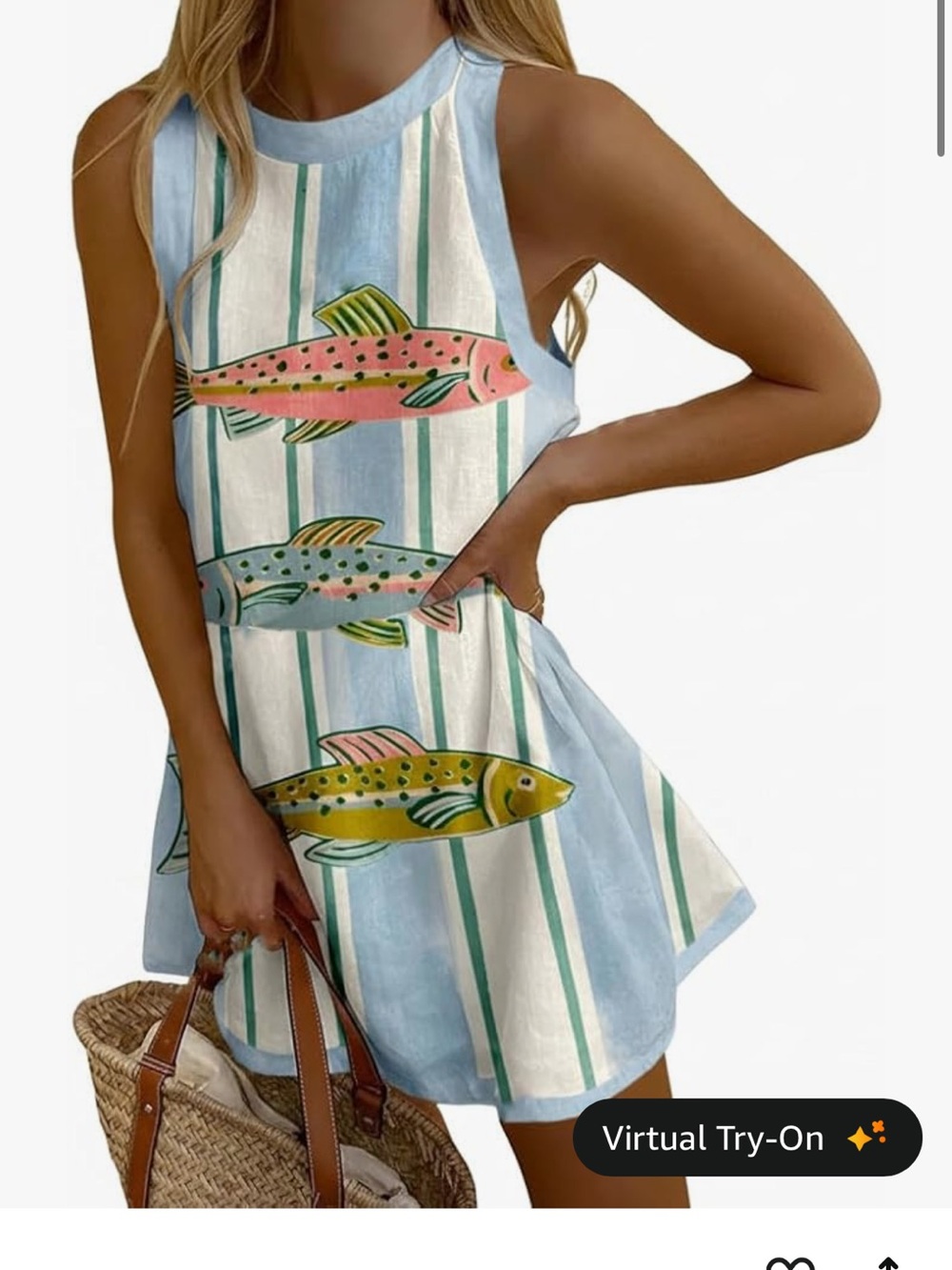 Amazon Women Dresses Mini Blue White Striped Tank Dress with Colorful Fish Print